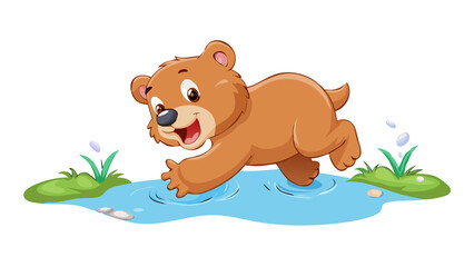 Joyful cartoon bear cub splashing playfully in a shallow blue puddle on a sunny day © jannat Stock