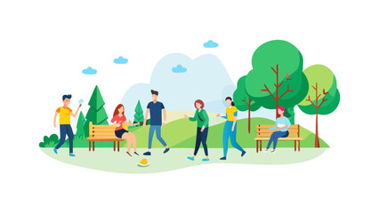 Diverse group of people enjoying a sunny day in a vibrant park with trees and hills