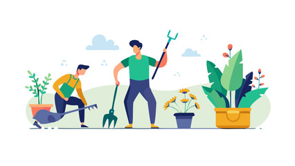 Two men engaged in gardening activities with various plants and tools in a stylized illustration