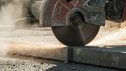 Close-up of a circular saw cutting a concrete slab in a construction environment