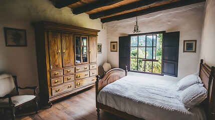 A classic wooden almirah with shining brass details, perfectly complementing the vintage charm of a colonial bedroom.


