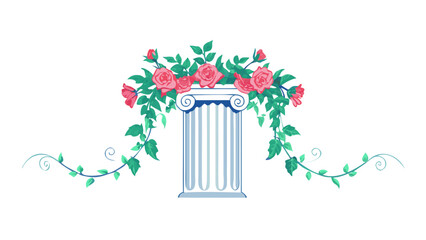 Elegant ionic column adorned with blooming pink roses and flowing greenery