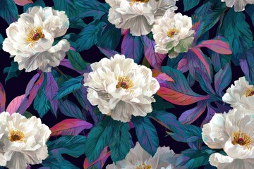Fototapeta premium White Peonies and Colorful Leaves.