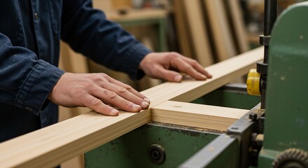 Close-up of Carpenter's Hands Guiding Wood Through Planer in Workshop