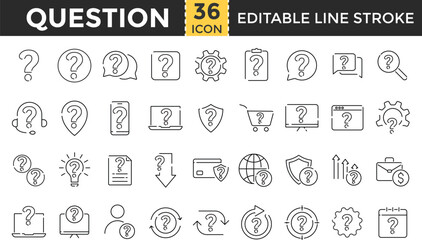 Question Line Icon Set. Outline Editable Stroke Icons for Problem, Confusion, Question Mark, Help, Quiz, Chat 