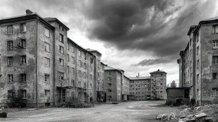 Abandoned apartment blocks under a gloomy sky