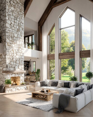 Spacious Modern Living Room with Large Windows and Natural Light Surrounded by Nature