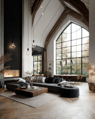 Elegant Modern Living Room with Large Windows and Cozy Fireplace Surrounded by Natural Elements