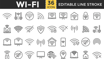 WiFi Line Icon Set. Outline Editable Stroke, Pixel Perfect Icons for Wireless Network, Internet, Signal, Hotspot, Communication, online, offline, router, computer and Connectivity