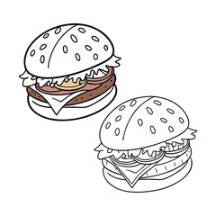 Cheeseburger Illustration Set – Colored and Outline Fast Food Vector