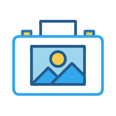 Stylized briefcase icon containing a mountain landscape image