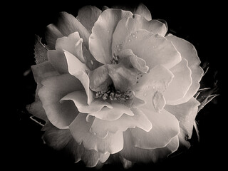 Rose in der Mitte schwarz weiß monochrom mit Regentropfen und Platz für Text