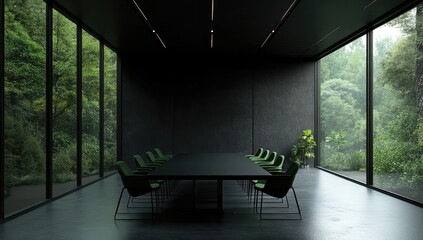 Dark, modern conference room with large windows overlooking a lush green forest