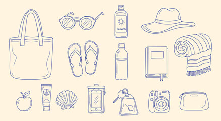 Hand drawn beach bag essentials vector illustration set. Doodle line art of summer vacation items like a tote bag, sunglasses, sunscreen, and a hat for lifestyle and travel design.