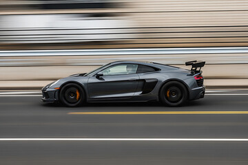Dark grey sports car with a large rear wing in a dynamic panning shot, speeding on a highway with motion blur.