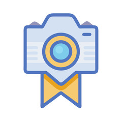 Stylized camera icon with award ribbon on black backdrop