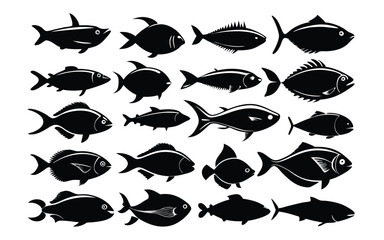 Collection of twenty black fish silhouettes on white background vector