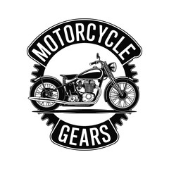Motorcycle and gears vintage badge vector logo silhouette isolated in black and white design