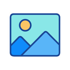Stylized Landscape Icon with Mountains Sun and Blue Border