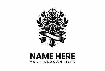 Elegant Black and White Rose Bouquet Logo with Ribbon and Leaves.