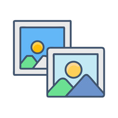 Two framed landscape pictures with sun over mountain ranges