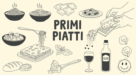 Primi Piatti (First Course) vector illustration set. Hand drawn line art of classic Italian dishes like spaghetti, ravioli, lasagna, and gnocchi for restaurant, menu, and cooking design.