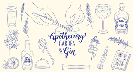 Apothecary Garden Gin vector illustration set. Hand drawn line art of cocktail making with gin, herbs, and bar tools for menu, beverage, and craft cocktail design projects.