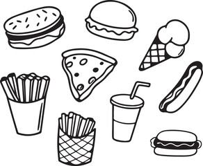 Collection of popular fast food items silhouette