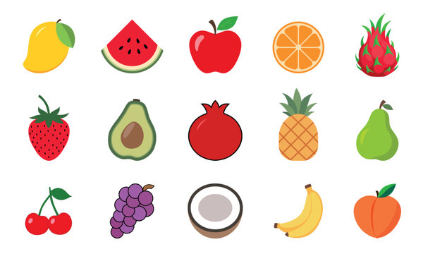 Colorful fruit icon set, tropical and fresh fruits in flat vector style