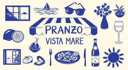 Pranzo Vista Mare (Lunch by the Sea) vector illustration set. Hand drawn blue Italian coastal dining elements like seafood, wine, and lemons for restaurant, menu, and travel design.