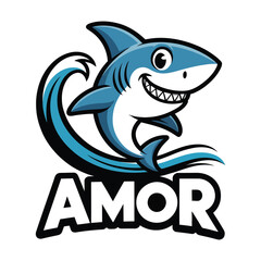 Fototapeta premium Playful cartoon shark mascot vector logo with wave and friendly grin in black and white silhouette