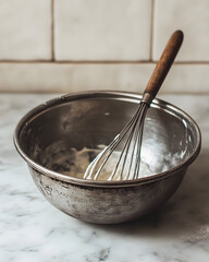A metal mixing bowl with a whisk and light-colored batter on a marble surface.