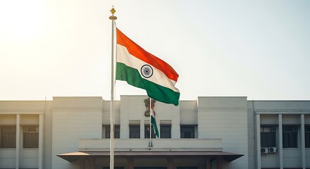 Indian Flag Waving in Sunlight in Front of a Building