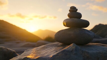 Zen stones stacked against a golden sunset in a serene mountain landscape with warm light