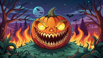 Halloween background with scary pumpkin in the forest at night vector illustration