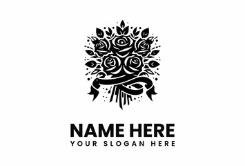 Elegant Black Rose Bouquet Logo with Ribbon and Leafy Embellishments.