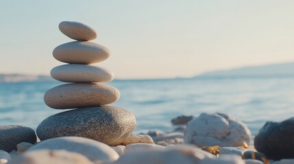 A tranquil stacked stones on a shore with a calm sea and a distant coast in the background