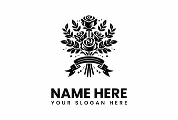 Elegant Black Rose Bouquet Logo with Ribbon and Leaves Floral Design.
