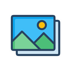 Flat icon of a landscape with mountains and sun