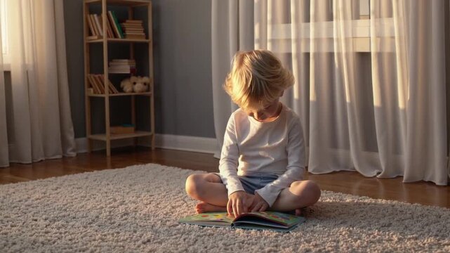 Beautiful 4 years old blonde boy sitting on a carpet in his cozy room and reading a book, Scandinavian style interior 