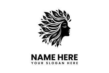 Elegant Black Silhouette of a Woman with Leafy Hair.