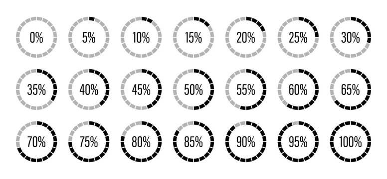 Round diagrams icons for infographics from 0 to 100 percent. Percentage infographics elements. Black, grey color fill divided pie charts indicator layout. Circle graph loading progress mockup.