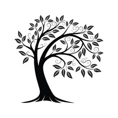 Obraz premium Stylized Tree Silhouette with Leaves – Black and White Vector Illustration