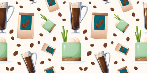 Cute Pattern with Tall Glass Coffee Cups. Seamless Coffee-Themed Background with Drinking and Storage Containers.