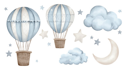 Watercolor hot air balloons clouds stars and moon for baby shower invitation illustration