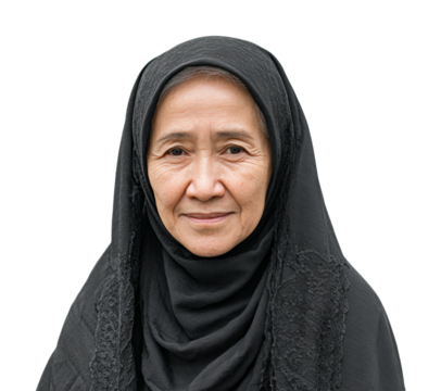 Cultural portrait of an elderly woman in traditional attire isolated on transparent background