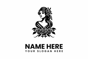 Elegant Monochrome Logo Featuring a Woman Adorned with Roses.