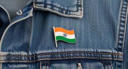 Indian Flag Pin on Denim Jacket Close Up Shot Showing Detail