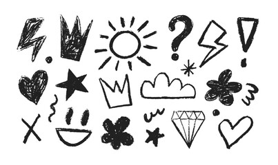 Set of trendy hand-drawn doodles in a rough chalk style. Collection of graffiti and sketch symbols like hearts, stars, and crowns for sticker packs, isolated on white background, vector illustration.