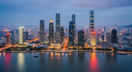 Naklejka premium Guangzhou Skyline at Dusk: Skyscrapers Reflecting in the Pearl River